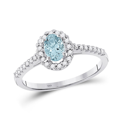 10K White Gold Womens Oval Aquamarine Diamond-accent Solitaire Ring 1/5 Cttw, Womens Size: 5-10