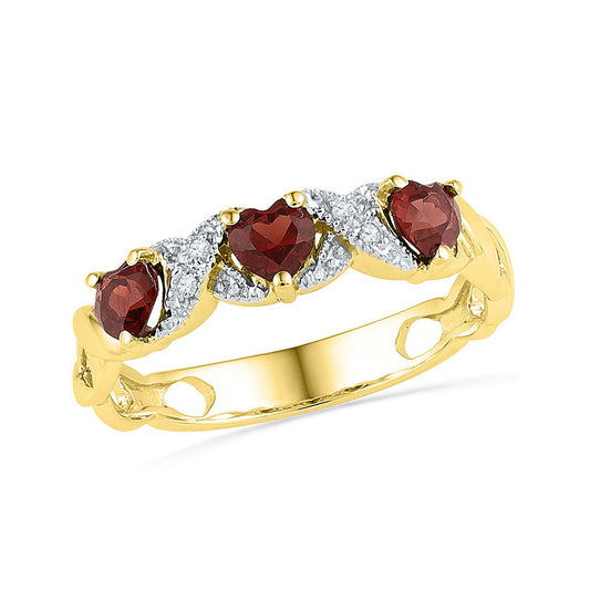 10K Yellow Gold Womens Heart Garnet Diamond 3-stone Ring 7/8 Cttw, Womens Size: 5-10