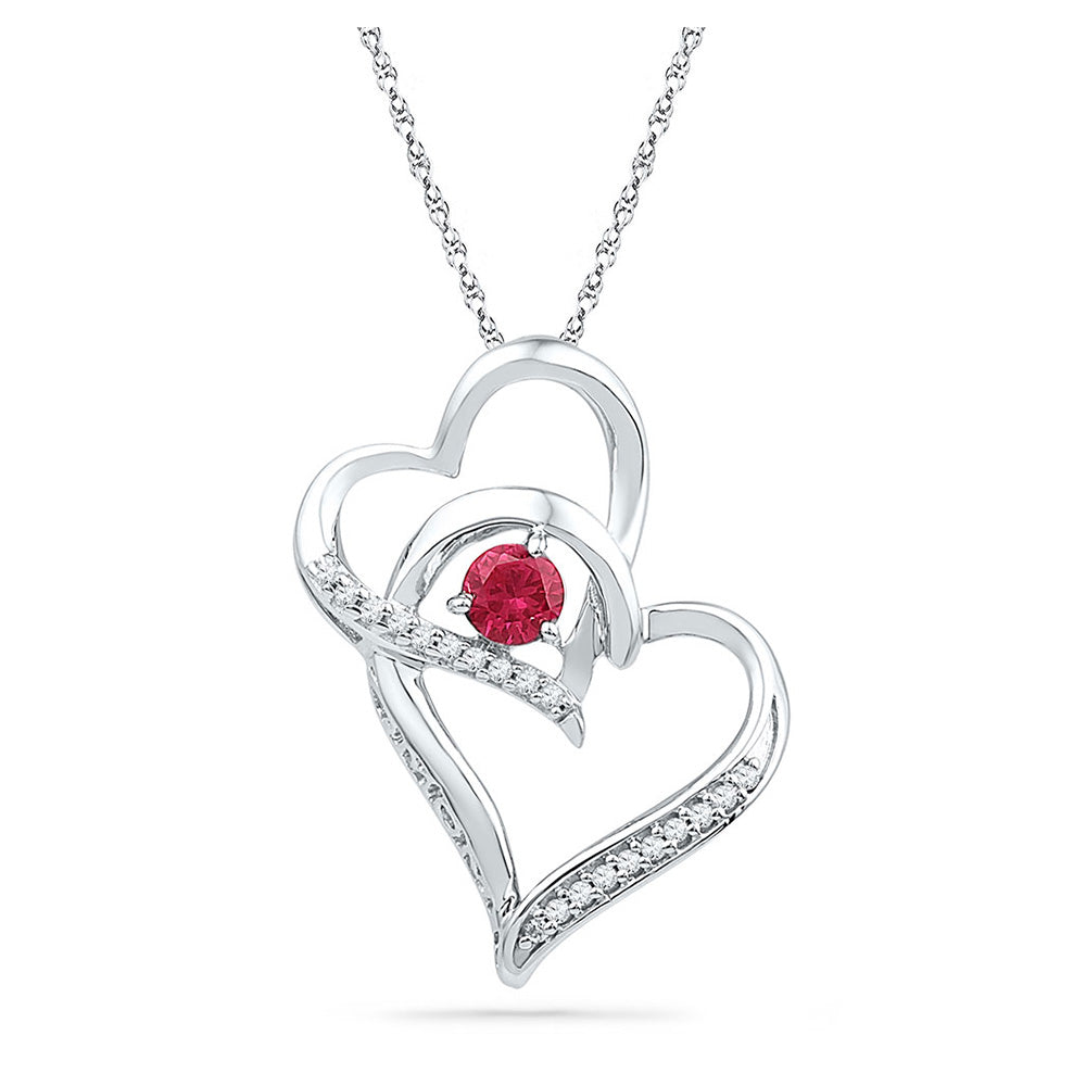 Sterling Silver Womens Round Synthetic Ruby Double Heart Pendant 1/3 Cttw, Width: 0.6 In