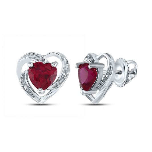 Sterling Silver Womens Round Synthetic Ruby Heart Earrings 2-1/5 Cttw, Length: 0.4 In, Width: 0.41 In