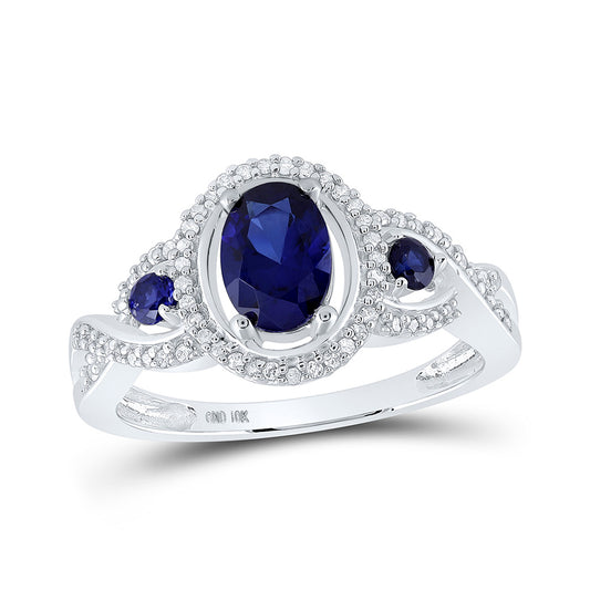 10K White Gold Womens Oval Synthetic Blue Sapphire 3-stone Ring 1-1/2 Cttw, Womens Size: 5-10