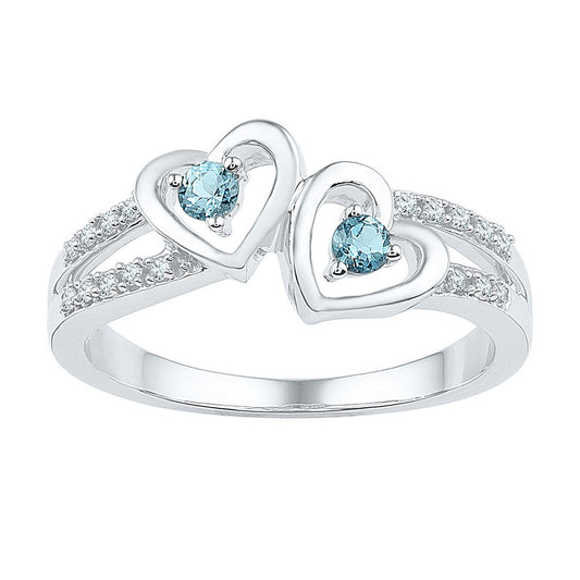 Sterling Silver Womens Round Synthetic Aquamarine Diamond Heart Ring 1/5 Cttw, Womens Size: 5-10