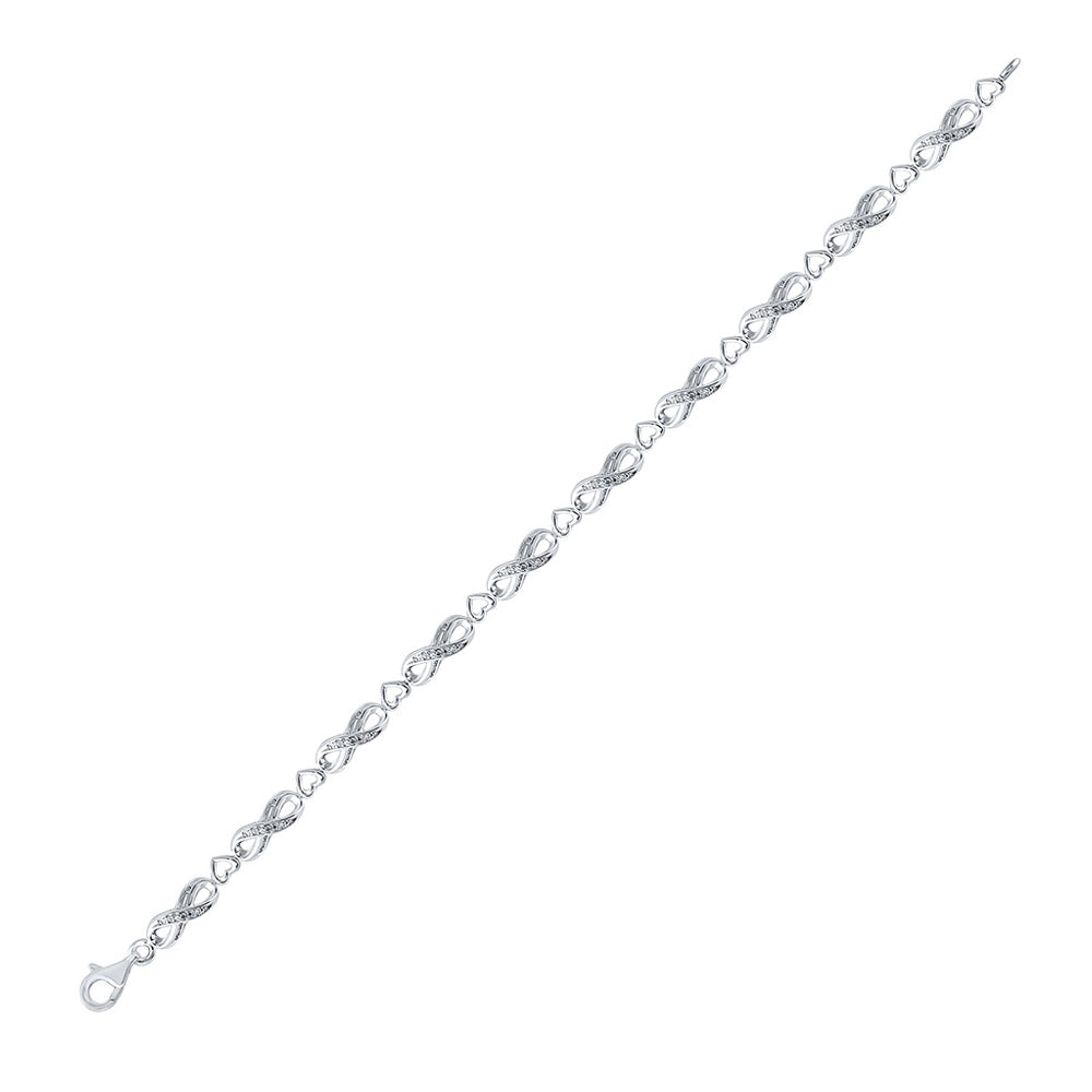 Sterling Silver Womens Round Diamond Infinity Heart Link Bracelet 1/20 Cttw