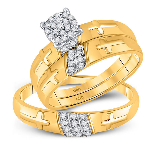 10K Yellow Gold His Hers Round Diamond Cross Matching Wedding Set 1/4 Cttw, Womens Size: 5-10, Mens Size: 7-13