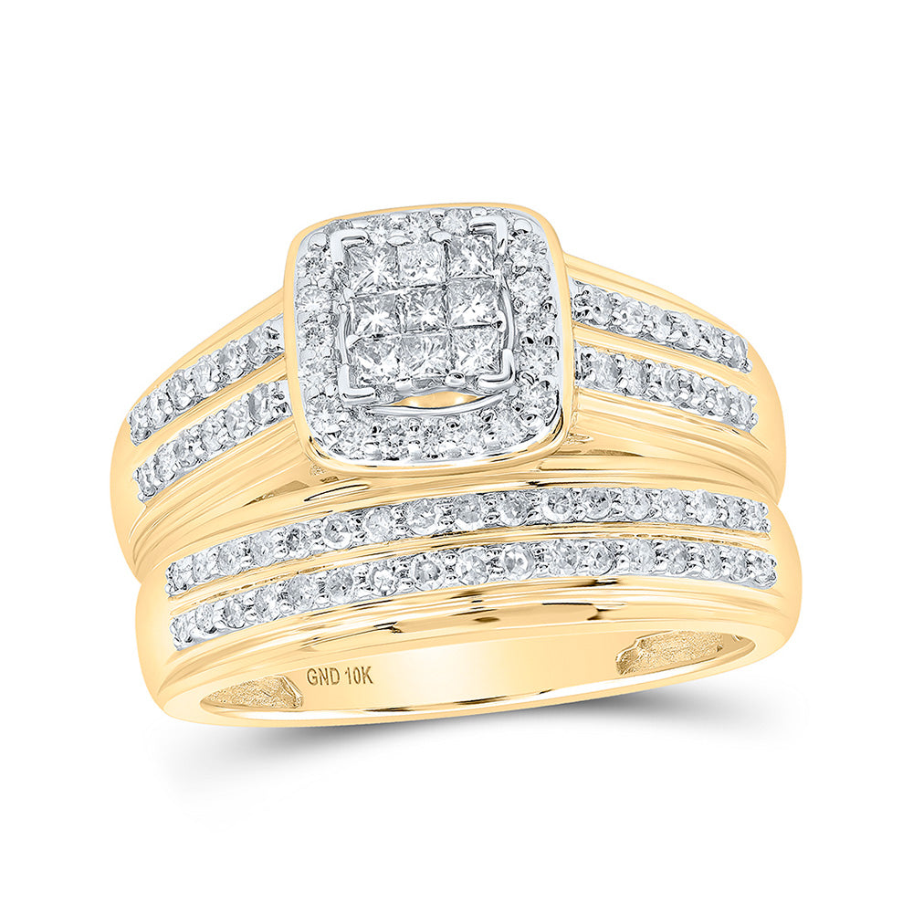 10K Yellow Gold His Hers Princess Diamond Cluster Matching Wedding Set 1 Cttw, Womens Size: 5-10, Mens Size: 7-13