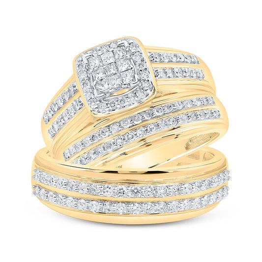 10K Yellow Gold His Hers Princess Diamond Cluster Matching Wedding Set 1 Cttw, Womens Size: 5-10, Mens Size: 7-13