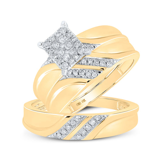 10k Yellow Gold Diamond Cluster Matching Trio His Hers Wedding Ring Band Set 1/3 Cttw, Womens Size: 5-10, Mens Size: 7-13