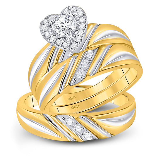 10K Yellow Gold His Hers Round Diamond Heart Matching Wedding Set 3/8 Cttw, Womens Size: 5-10, Mens Size: 7-13