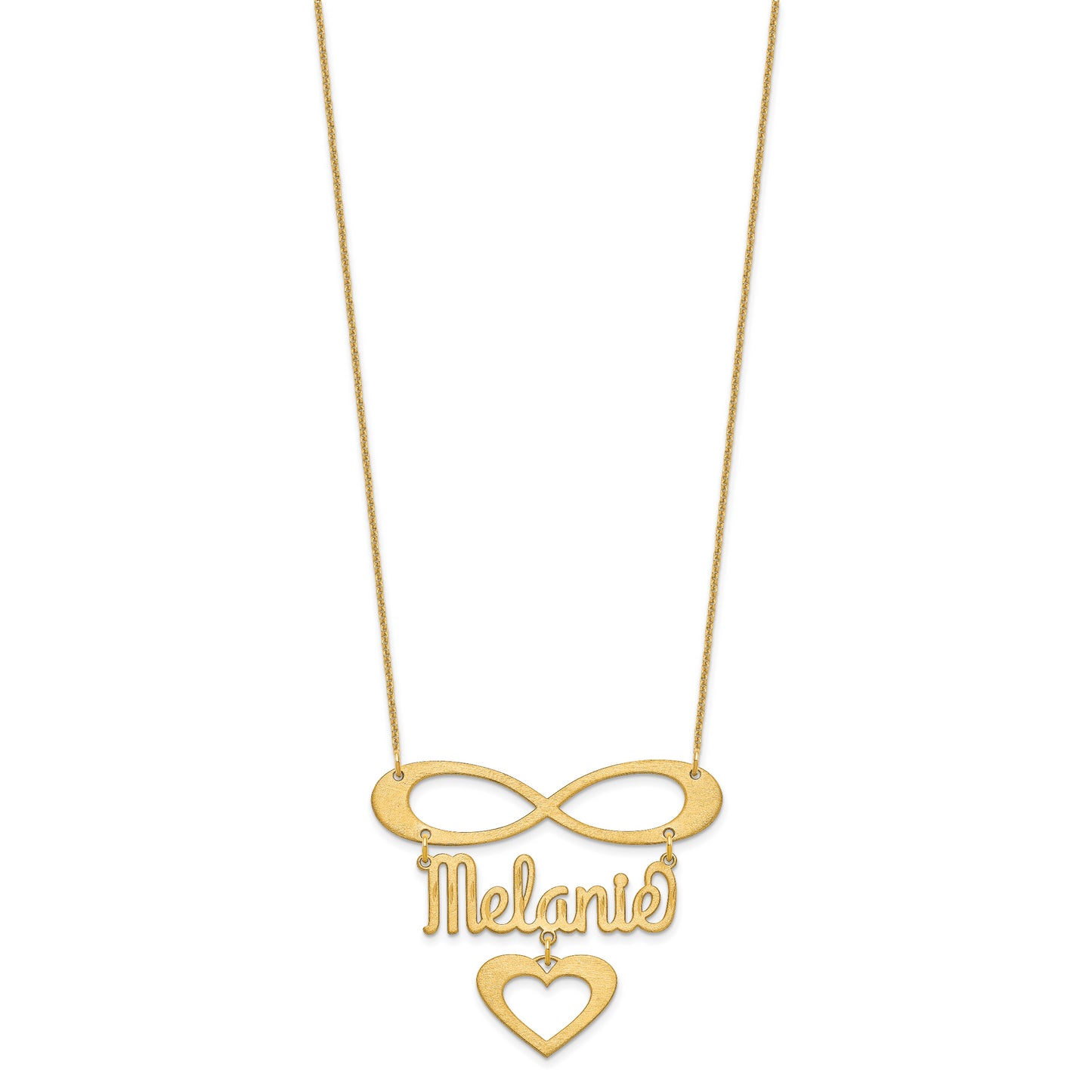 10K Yellow Gold Brushed Infinity with Name and Heart Necklace