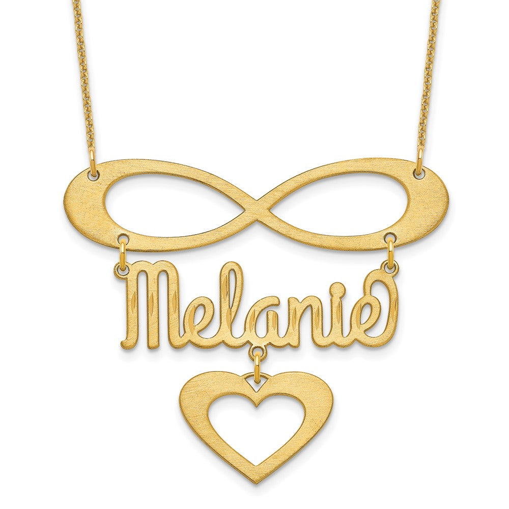 10K Yellow Gold Brushed Infinity with Name and Heart Necklace