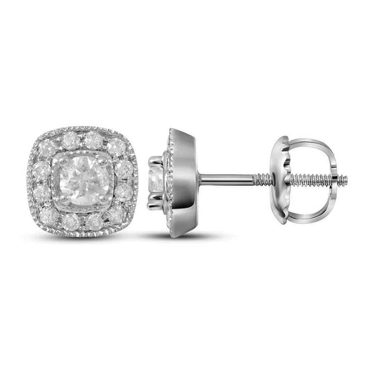 14K White Gold Womens Round Diamond Solitaire Square Frame Earrings 3/8 Cttw, Length: 0.26 In, Width: 0.26 In