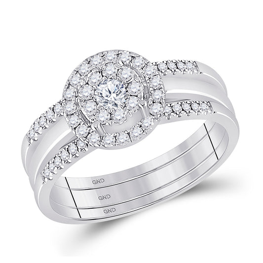 10K White Gold Round Diamond 3-Piece Bridal Wedding Ring Band Set 1/2 Cttw, Womens Size: 5-10