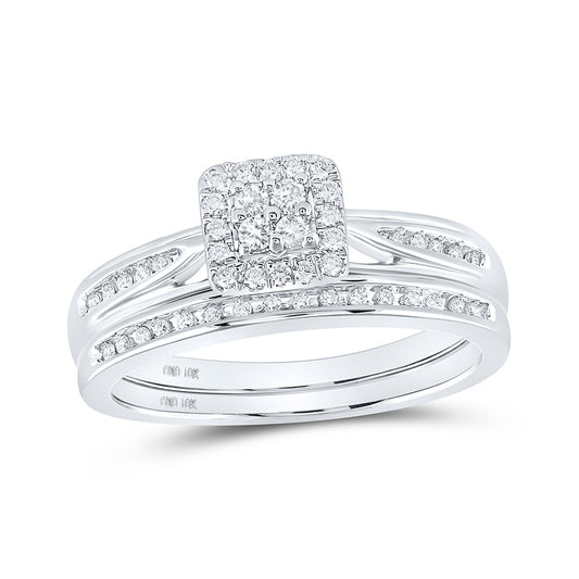 10K White Gold Diamond Square Cluster Bridal Wedding Ring Band Set 1/4 Cttw, Womens Size: 5-10