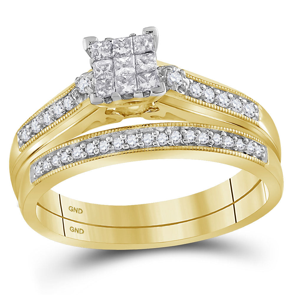 10K Yellow Gold His Hers Princess Diamond Cluster Matching Wedding Set 1/2 Cttw, Womens Size: 5-10, Mens Size: 7-13