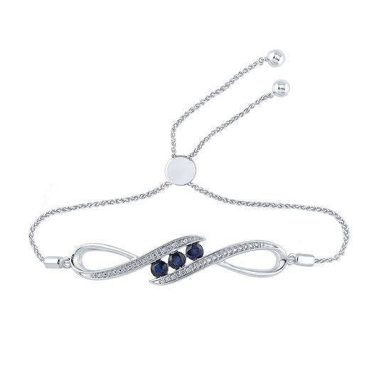 Sterling Silver Womens Round Synthetic Blue Sapphire Bolo Bracelet 1/2 Cttw, Length: 3.58 In, Width: 0.39 In