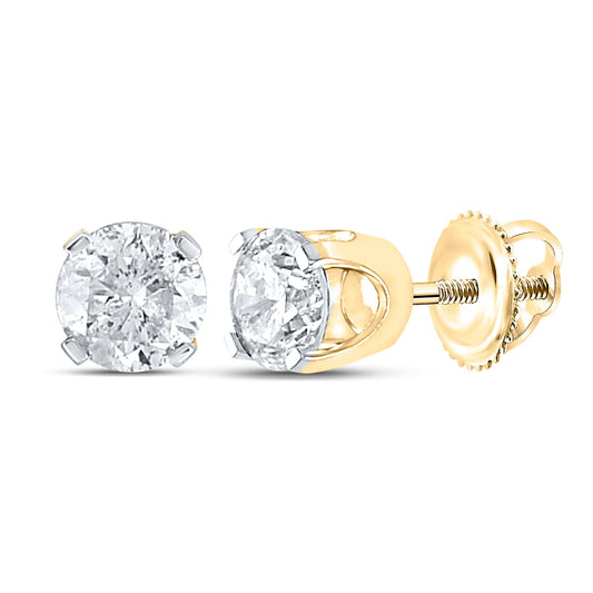 14K Yellow Gold Womens Round Diamond Stud Earrings 1-3/8 Cttw