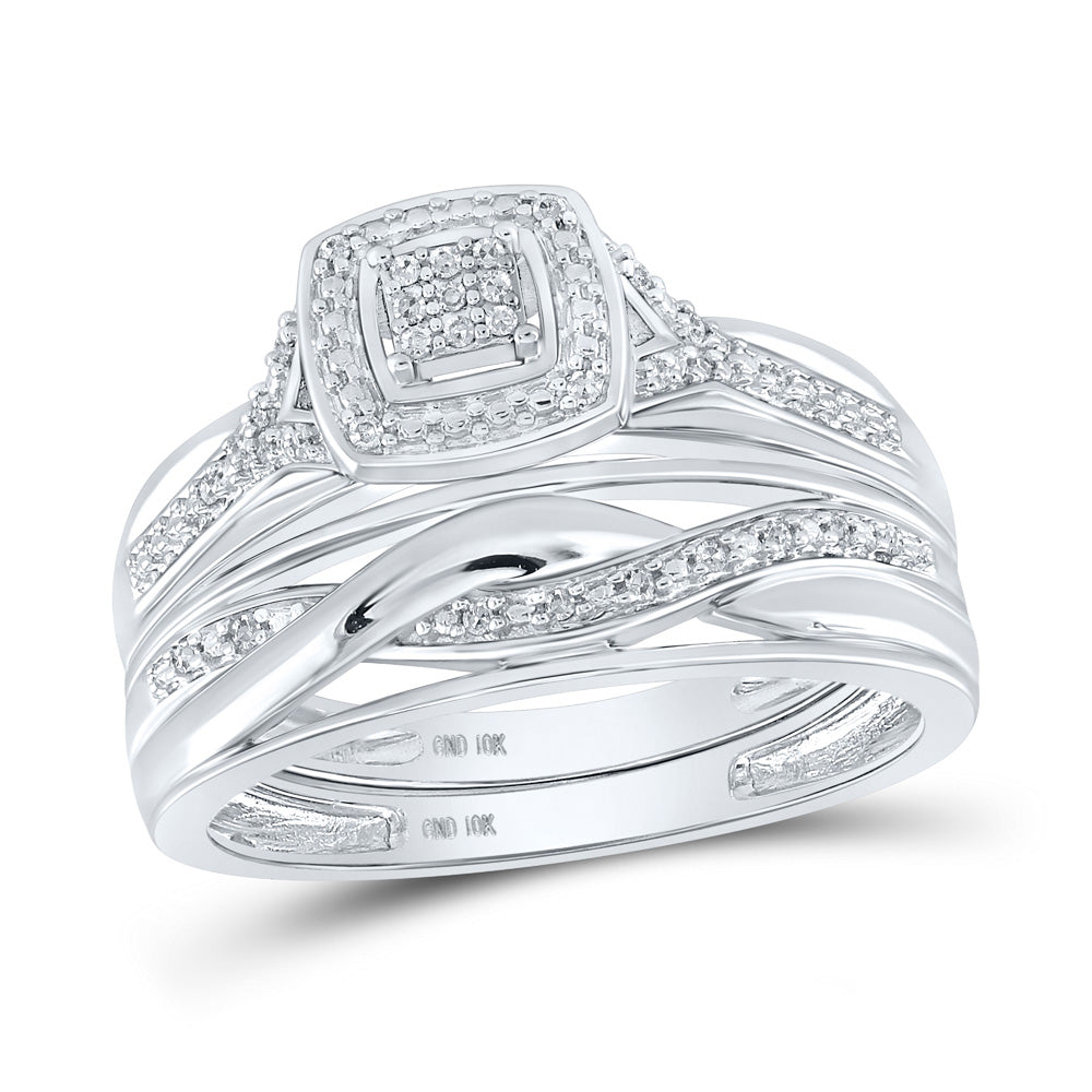 10K White Gold His Hers Round Diamond Cluster Matching Wedding Set 1/10 Cttw, Womens Size: 5-10, Mens Size: 7-13