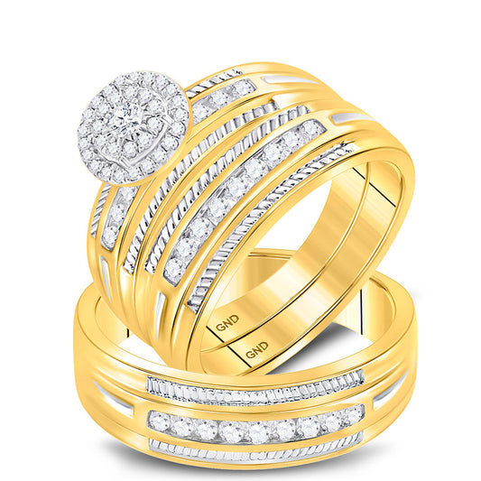 10K Yellow Gold His Hers Round Diamond Halo Matching Wedding Set 5/8 Cttw, Womens Size: 5-10, Mens Size: 7-13