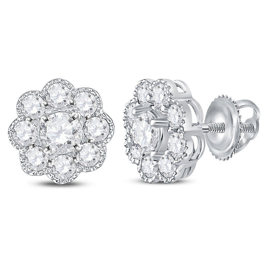 14K White Gold Womens Round Diamond Flower Cluster Stud Earrings 1 Cttw, Length: 0.35 In, Width: 0.35 In