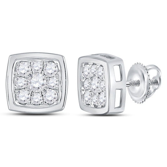 14K White Gold Womens Round Diamond Square Cluster Stud Earrings 1/2 Cttw