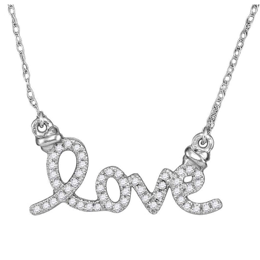 10K White Gold Womens Round Diamond Cursive Love Pendant Necklace 1/8 Cttw, Length: 17.99 In