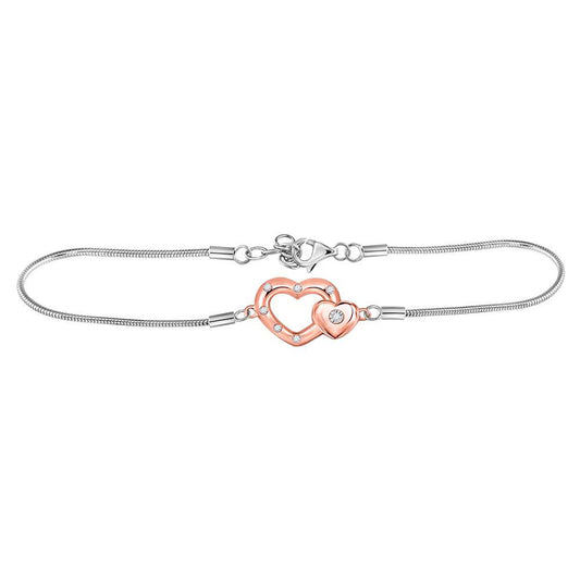 Sterling Silver Womens Round Diamond Double Heart Fashion Bracelet 1/20 Cttw, Length: 7.09 In, Width: 0.47 In