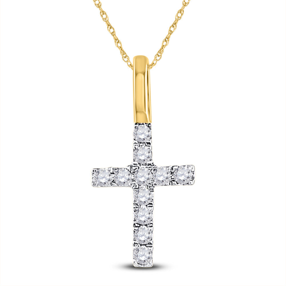 14K Yellow Gold Womens Round Diamond Dainty Cross Pendant 1/10 Cttw