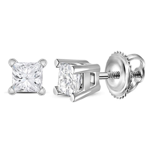 14K White Gold Unisex Princess Diamond Solitaire Stud Earrings 1/4 Cttw