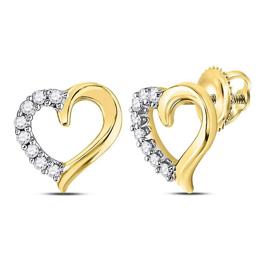 10K Yellow Gold Womens Round Diamond Heart Stud Earrings 1/10 Cttw