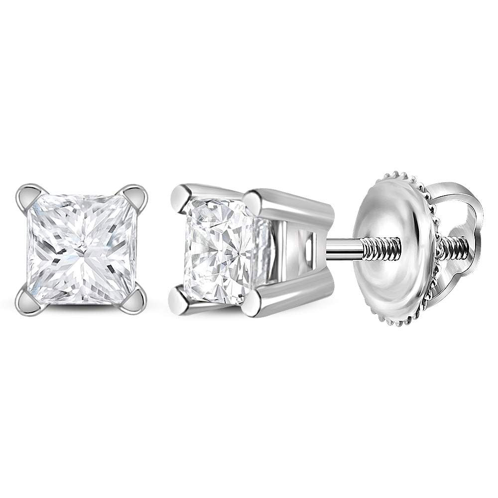 14K White Gold Unisex Princess Diamond Solitaire Stud Earrings 3/8 Cttw