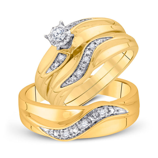 10K Yellow Gold His Hers Round Diamond Solitaire Matching Wedding Set 1/6 Cttw, Womens Size: 5-10, Mens Size: 7-13