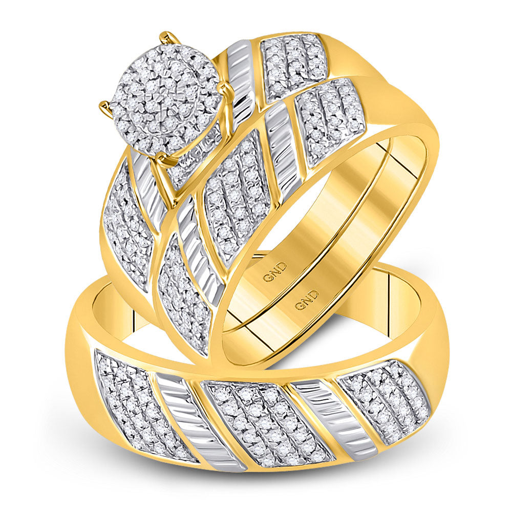 10K Yellow Gold His Hers Round Diamond Cluster Matching Wedding Set 1/2 Cttw, Womens Size: 5-10, Mens Size: 7-13