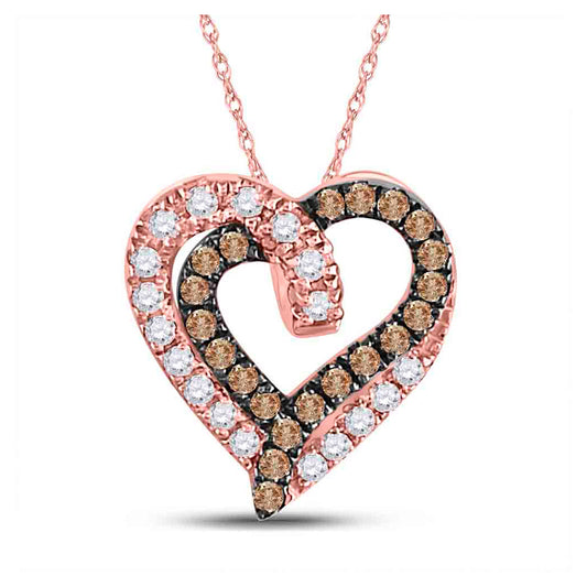 10K Rose Gold Womens Round Brown Diamond Heart Pendant 1/3 Cttw