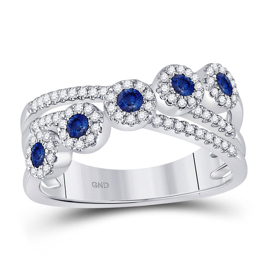 14K White Gold Womens Round Blue Sapphire Crossover Band Ring 1/2 Cttw, Womens Size: 5-10