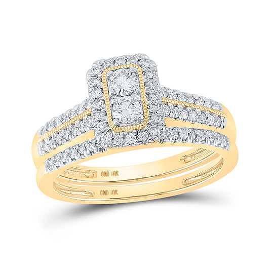 10K Yellow Gold Round Diamond 2-Stone Bridal Wedding Ring Band Set 1/2 Cttw, Womens Size: 5-10