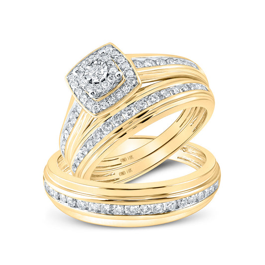 10K Yellow Gold His Hers Round Diamond Halo Matching Wedding Set 7/8 Cttw, Womens Size: 5-10, Mens Size: 7-13