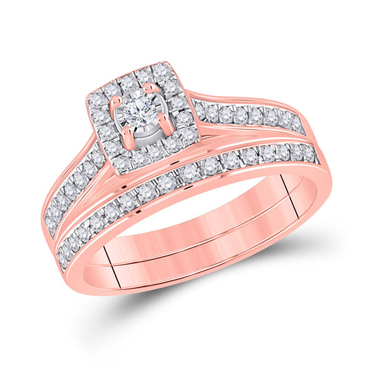 10K Rose Gold Round Diamond Halo Bridal Wedding Ring Band Set 1/2 Cttw, Womens Size: 5-10