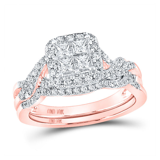 10K Rose Gold Princess Diamond Square Bridal Wedding Ring Band Set 1 Cttw, Womens Size: 5-10