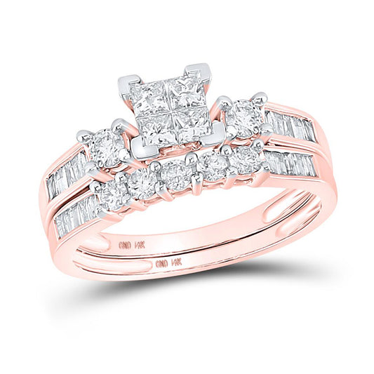 10K Rose Gold Princess Diamond Bridal Wedding Ring Band Set 7/8 Cttw, Womens Size: 5-10