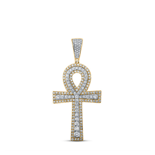 10K Two-tone Gold Mens Round Diamond Ankh Cross Charm Pendant 2-1/4 Cttw