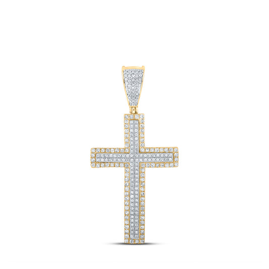 10K Two-tone Gold Mens Round Diamond Cross Charm Pendant 3/4 Cttw