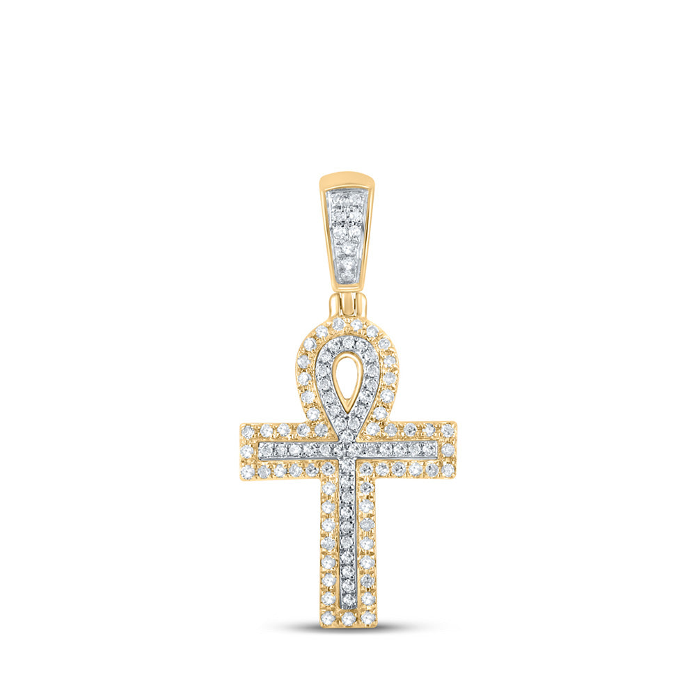 10K Two-tone Gold Mens Round Diamond Ankh Cross Charm Pendant 1/4 Cttw, Length: 1.14 In, Width: 0.52 In