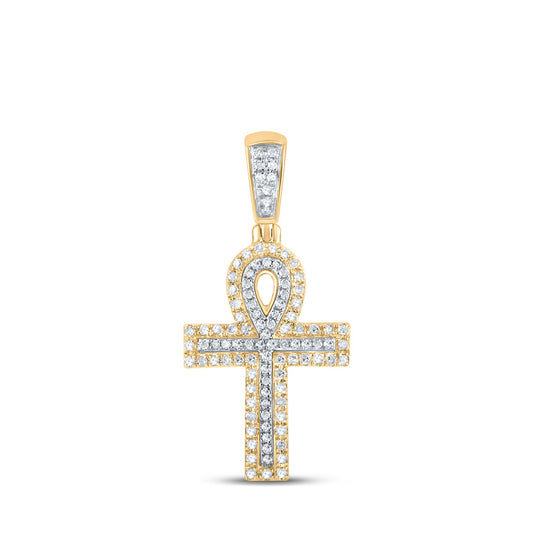 10K Two-tone Gold Mens Round Diamond Ankh Cross Charm Pendant 1/4 Cttw, Length: 1.14 In, Width: 0.52 In