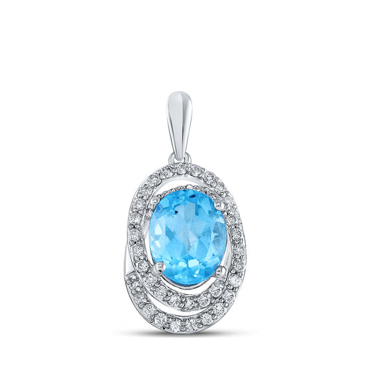 10K White Gold Womens Oval Synthetic Blue Topaz Diamond Solitaire Pendant 2-1/2 Cttw