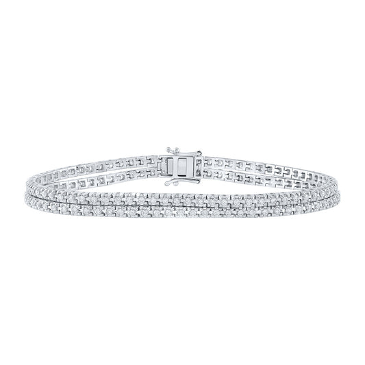 14K White Gold Womens Round Diamond Double Row Fashion Bracelet 1-5/8 Cttw