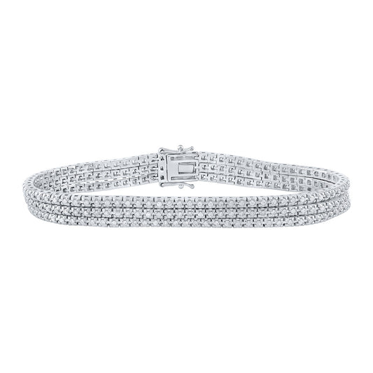 14K White Gold Womens Round Diamond Triple Row Fashion Bracelet 1-3/4 Cttw