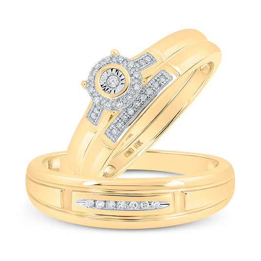 10K Yellow Gold His Hers Round Diamond Halo Matching Wedding Set 1/10 Cttw, Womens Size: 5-10, Mens Size: 7-13