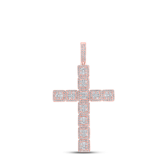 10K Rose Gold Mens Baguette Diamond Cross Charm Pendant 4-5/8 Cttw