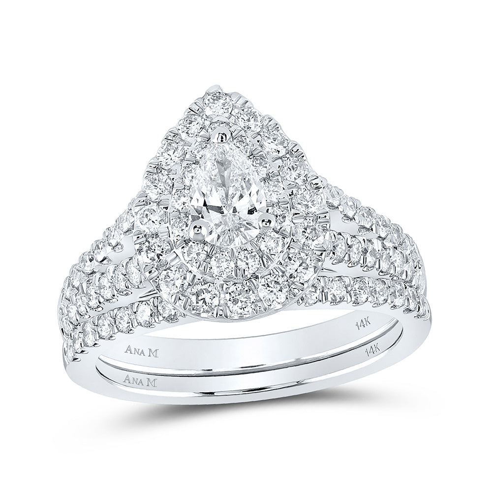 14K White Gold Pear Diamond Halo Bridal Wedding Ring Band Set 1-1/2 Cttw, Womens Size: 5-10