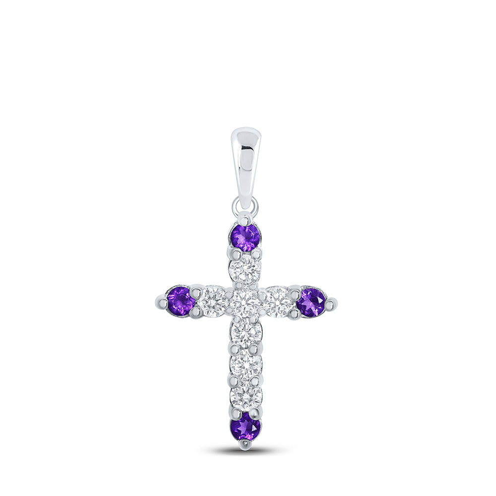 10kt White Gold Womens Round Synthetic Amethyst Diamond Cross Pendant 1 Cttw